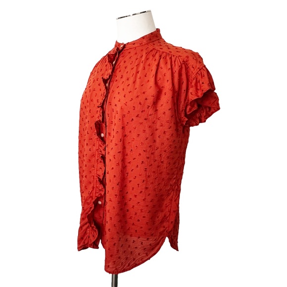LOFT Ruffle Swiss Dot Button Up Blouse Short Sleeve Burnt Orange Sz S - Picture 9 of 15